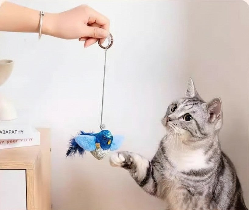Realistic Squeaky Bird Cat Toy - Lifelike Chewable Bird with Feathers & Interactive Wand