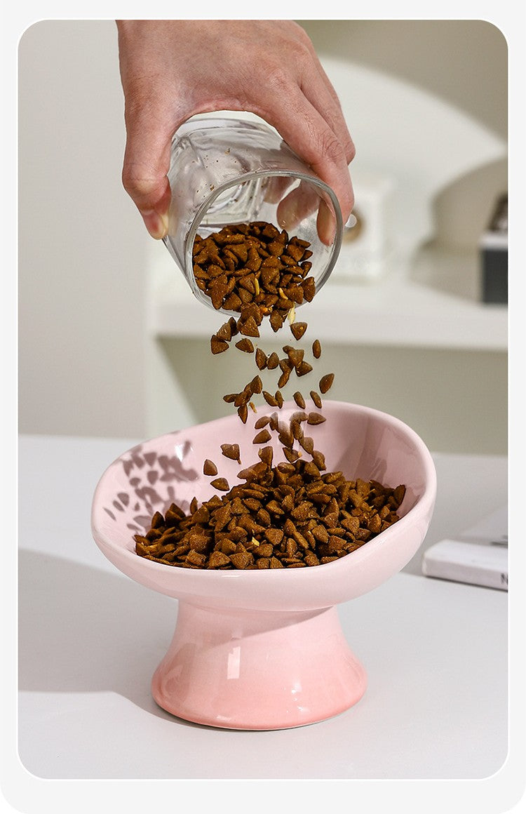 Ceramic Pet Bowl with Floral Rim - Elevated Anti-Slip Cat Dish for Food & Water, Whisker Friendly Design