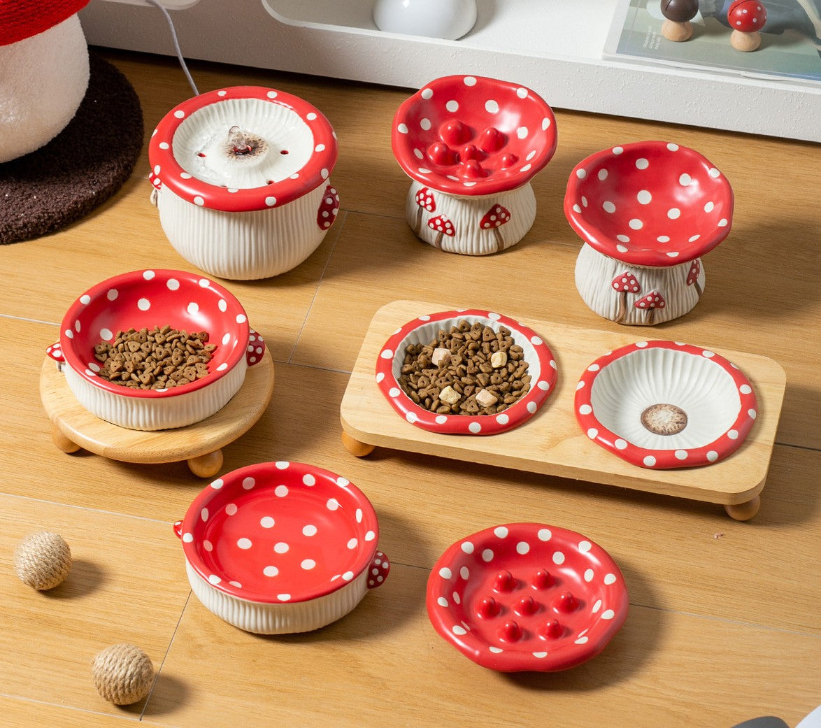 Mushroom Ceramic Pet Bowl - Whimsical Red & White Design Cat Dog Food Water Dish