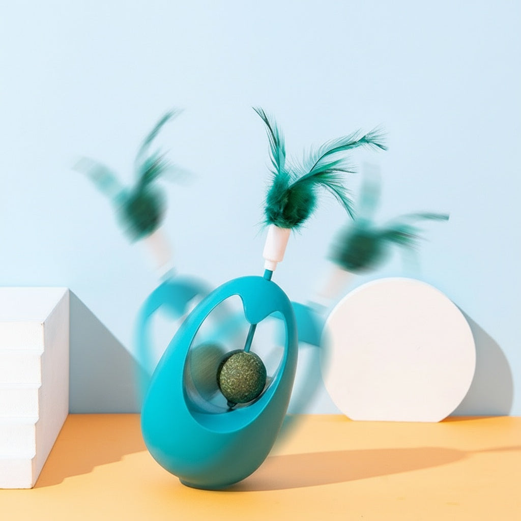3-in-1 Cat Wobbler Toy - Catnip Ball, Feather Teaser & Self-Play Base