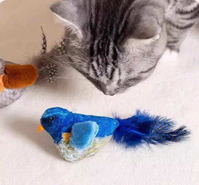 Realistic Squeaky Bird Cat Toy - Lifelike Chewable Bird with Feathers & Interactive Wand