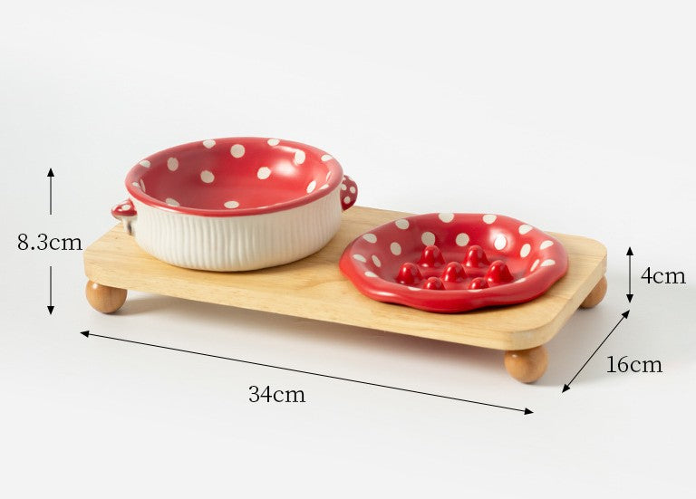 Mushroom Ceramic Pet Bowl - Whimsical Red & White Design Cat Dog Food Water Dish